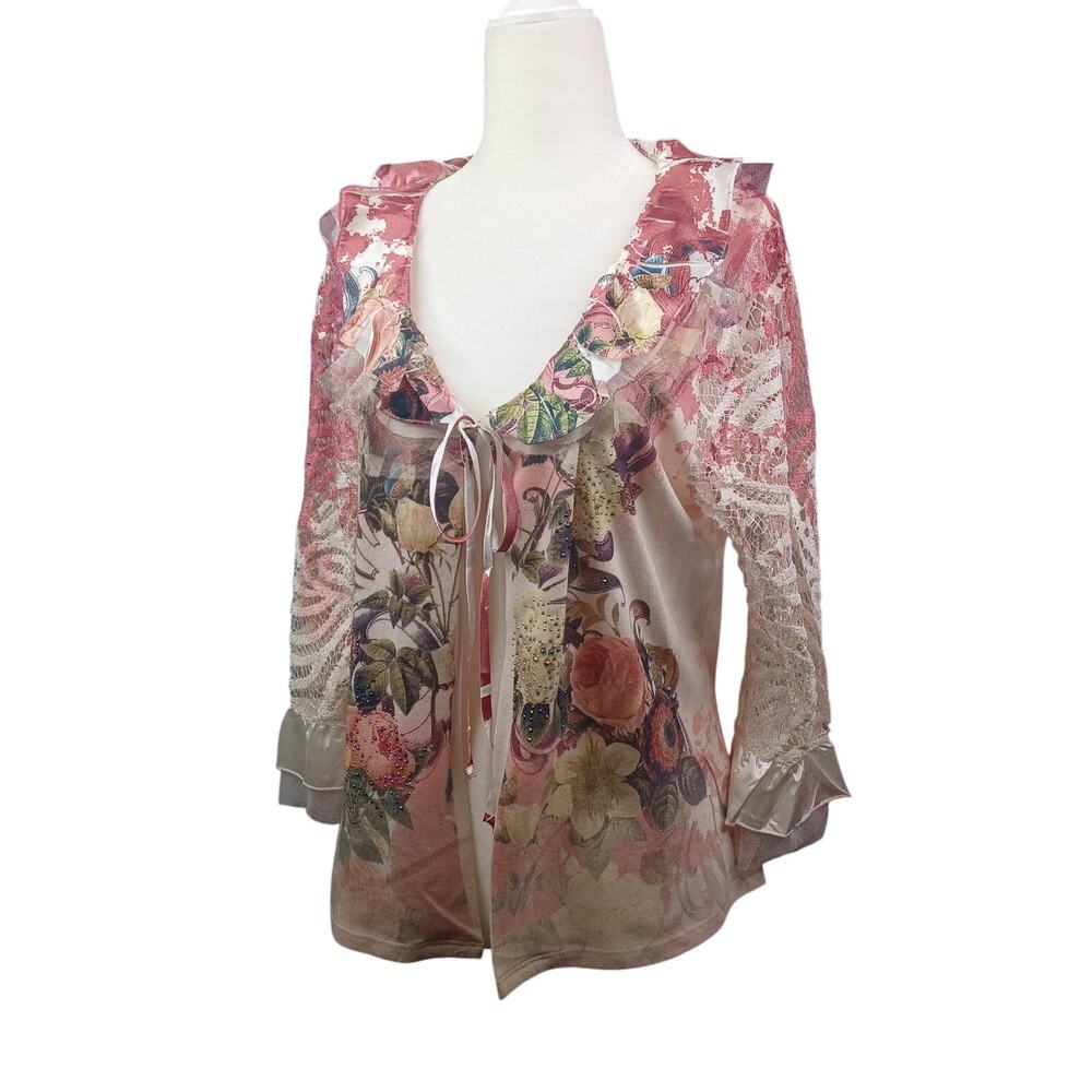 B.L.E.U. Womens Cardigan Sweater Large Ruffle Crochet Floral Coquette Boho Artsy